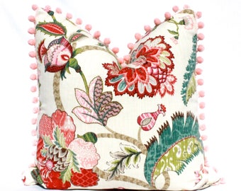 Jacobean Flower Pillow embellished with Pink Pom Pom Trim