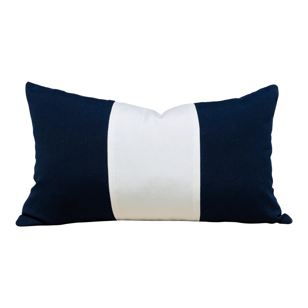 Sunbrella Outdoor Striped Lumbar Pillow Navy. Striped Navy and White