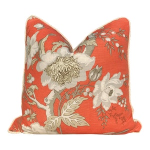 Thibaut Nemour Floral Pillow In Coral Embellished with Cotton Rope Trim . Lumbar Floral Pillow.