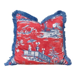 Cheng Toile Pillow Red Blue. Chinoiserie Decorative  Pillow Cover, Accent lumbar pillow, Pagoda Pillow, Tea House Throw Pillow Brush Trim