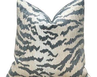 Thibaut Aja Woven Pillow Cover in Mineral Blue. Designer Tiger Woven Stripes Accent Cushion, Blue Gray Throw Pillow, Animal Euro Sham Case