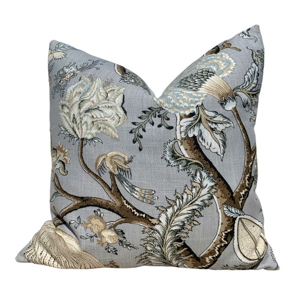 Scalamandre Pondicherry Floral Linen Pillow in Mineral. Lumbar Floral Pillow in Mineral.