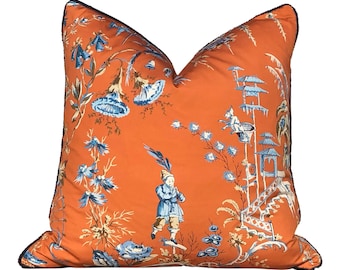 Scalamandre Nanjing Pillow in Mandarin. Chinoserie Pillow Tangerine, Lumbar Orange Pillow, Designer Chinoiserie Pillow,  Euro Sham Case