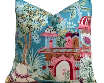Mystic Garden Pillow - Teal. Lumbar Cushion Cover, Turquoise Euro Sham 26"X26" , Designer Pillow - Pink, Teal, Accent Cushion Cover