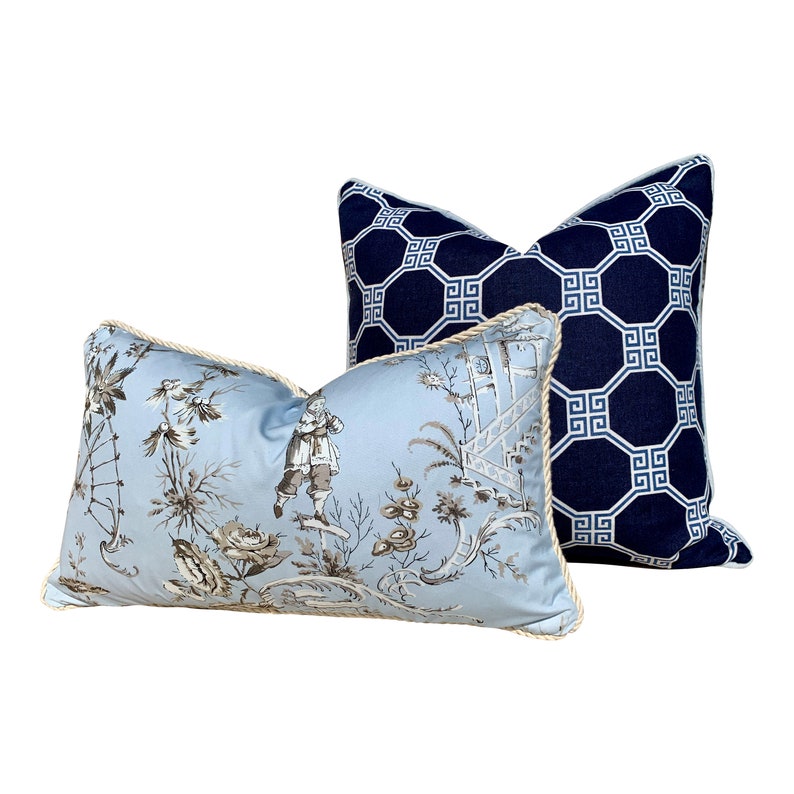 Decorative Pillow Cover. Accent Cushion Designer Pillow Cover Schumacher Octavia Pillow in Navy and Light Blue Lumbar Blue Pillow