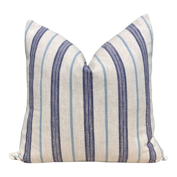 Blue Striped Linen Pillow. Lumbar Outdoor Crawley Sunbrella Throw Pillow
