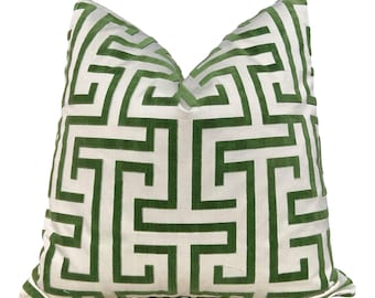 Ming Trail Velvet Pillow in Green. Decorative Kelly Green Pillow Covers, Designer Geometric Pillows, High End Accent Greek Key Pillows