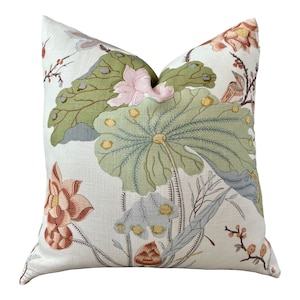 Lee Jofa Luzon Pillow in Apricot.  Linen Pillows Aqua Green, Designer Exotic Bird Pillows Luxury Botanical Pillow, Accent Cushion Covers