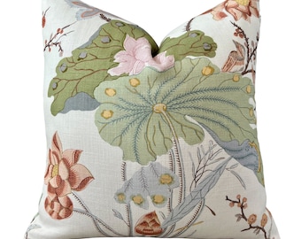 Lee Jofa Luzon Pillow in Apricot.  Linen Pillows Aqua Green, Designer Exotic Bird Pillows Luxury Botanical Pillow, Accent Cushion Covers