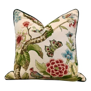 Schumacher Cranley Garden Pillow Green and Red – Designer Chinoiserie Pillow, Euro Sham, High-End Decorative Cushions, Accent Floral Pillows