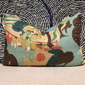 Schumacher Pearl River Linen Pillow in Jade. Designer Tan Aqua Pillow ...