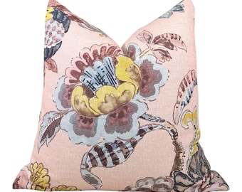 Ann French Stockbridge Linen Pillow - Blush. Designer Accent Flower Pillow, Modern Linen Cushions, Green, Euro Sham Case 26"X26"