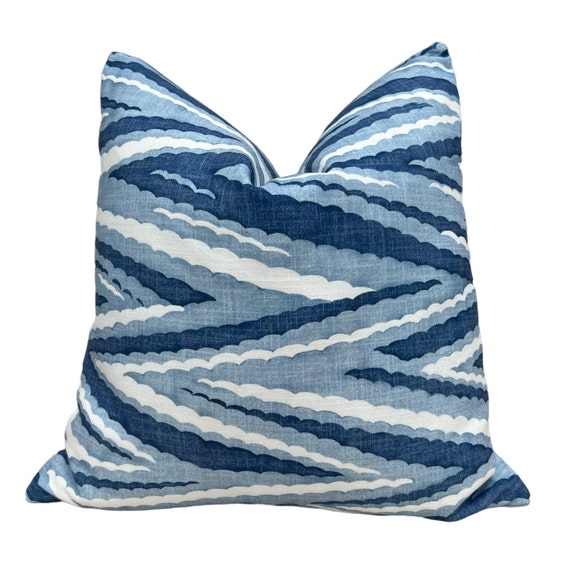 Thibaut Highland Peak - Blue. Designer Zig Zag Blue White Pillow Cover, Blue Stripes Cushions, Euro Sham 26"X26" , Coastal Decor