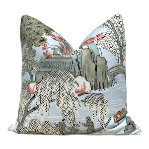 Asian Scenic Pillow In Robin Egg. Chinoiserie  Lumbar Pillow, Chinoiserie Pagoda Euro Sham Cushion Case in Burnt Orange Green Blue