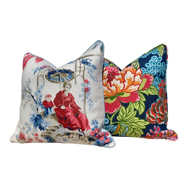 Thibaut Honshu Pillow in Navy Blue and Red. Chinoiserie Floral Etsy