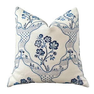 Schumacher Marella Pillow in Delft. Designer Blue and White Cushions, Euro Sham Pillows in Blue White, Decorative Accent Floral Pillows