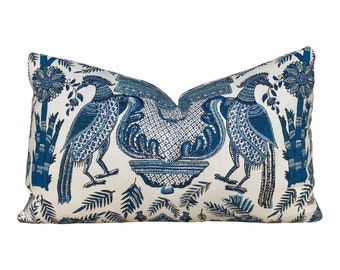 Thibaut Palampore Bird Lumbar Pillow in Blue. Designer Pillow. Accent Blue Pillow Cover. High End Throw Pillow.