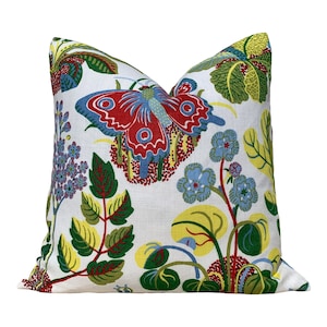 Schumacher Exotic Butterfly Decorative Linen Pillow Green. High End Designer Pillow, Accent Floral Multicolor Pillows, Euro Sham Cover Green