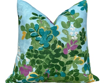 Thibaut Central Park Pillow - Light Blue, Green. Designer Pillow Cover, Accent lumbar pillow, High End Floral Pillow, Euro Sham Floral Case