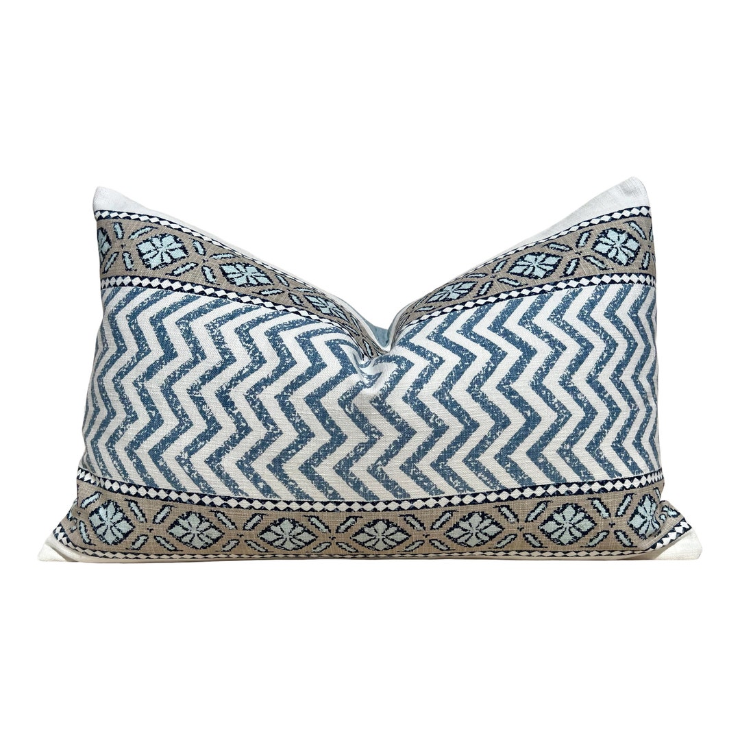Designer Lumbar Striped Pillow in Aqua Blue. Chevron Blue White Pillow