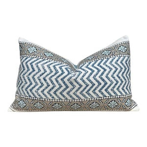 May include: A blue and brown patterned throw pillow with a chevron design. The pillow has a light blue and brown border with a geometric pattern.