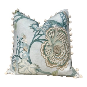 Thibaut Indienne Jacobean Linen Pillow in Seaglass and Gold. Designer Accent Flower Pillow in Aqua, Decorative Tree of Life Cushion Cover.
