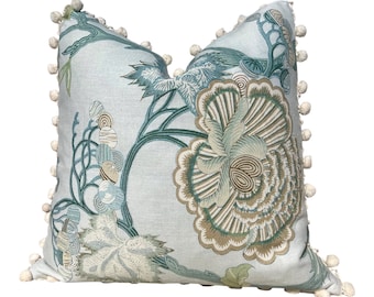 Thibaut Indienne Jacobean Linen Pillow in Seaglass and Gold. Designer Accent Flower Pillow in Aqua, Decorative Tree of Life Cushion Cover.