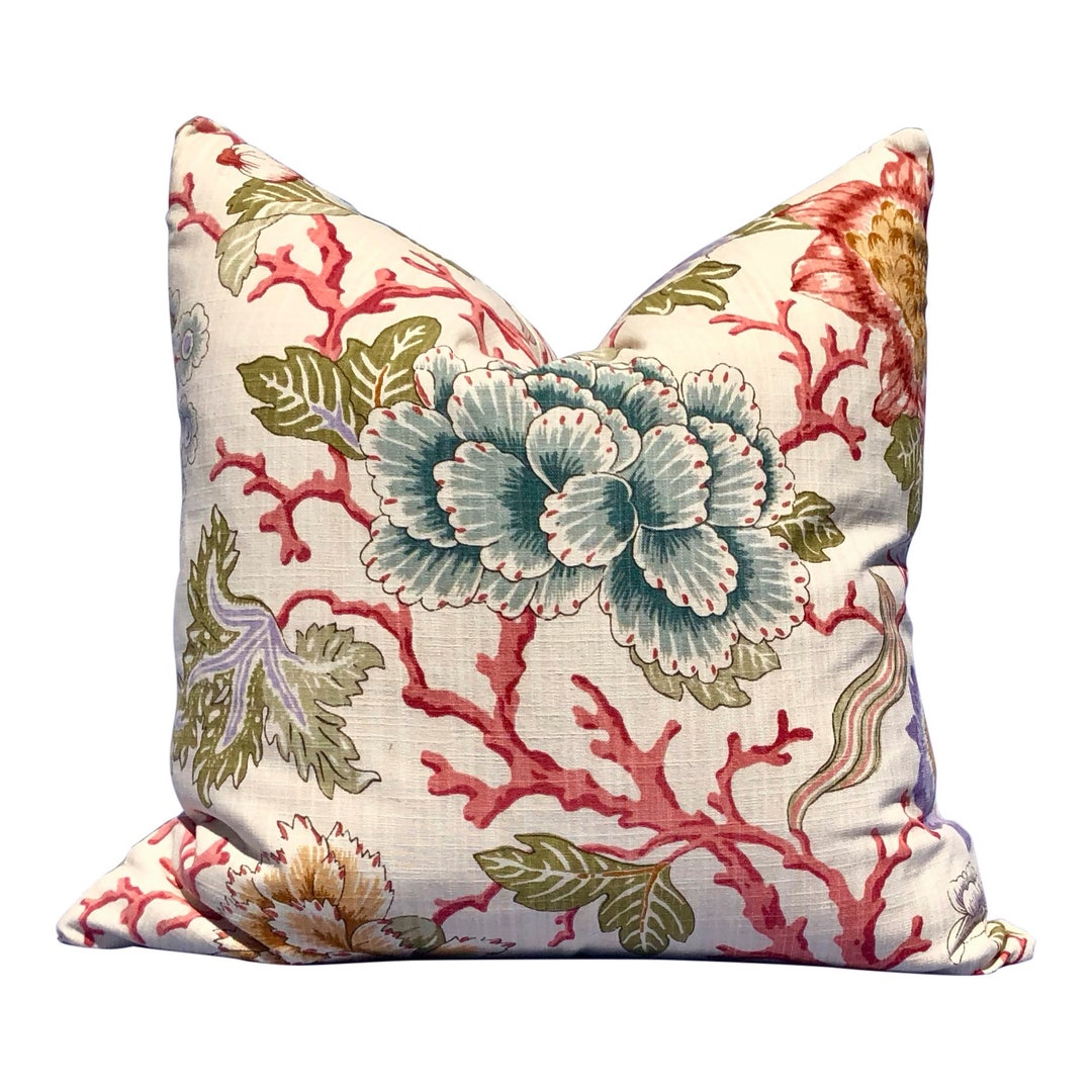 Coral Floral Pillow Cover in Cream Coral and Aqua Green. Etsy