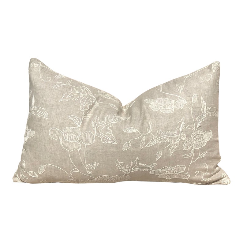 Embroidered Linen Pillow Cover in Taupe. Lumbar Linen Pillow Etsy