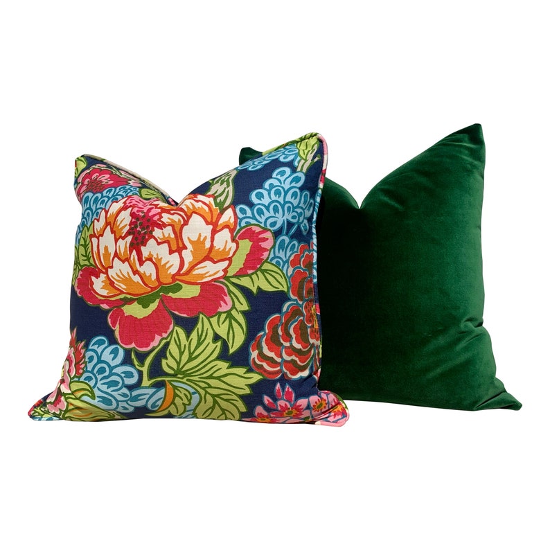 Thibaut Honshu Pillow in Navy Blue and Red. Chinoiserie Floral Etsy