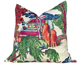 Asian Scenic Pillow Burnt Orange. Chinoiserie Pillow, Asian Lumbar Pillow, Pagoda Pillow in Berry and Green, Tea House Orange Green Pillow