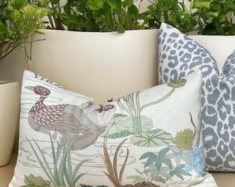 Lee Jofa Luzon Pillow in Jade.  Linen Cream Green Pillows, Designer Exotic Bird Pillows, High End Pillow Covers, Luxury Botanical Pillow