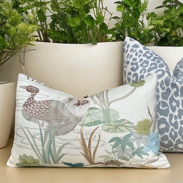 Lee Jofa Luzon Pillow in Jade.  Linen Cream Green Pillows, Designer Exotic Bird Pillows, High End Pillow Covers, Luxury Botanical Pillow