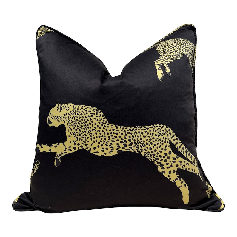 Scalamandre Leaping Cheetah in Black Magic. Designer High End Pillow Covers, Accent Animal Print Pillows, Lumbar Leopard Pillows Black Gold bild 1