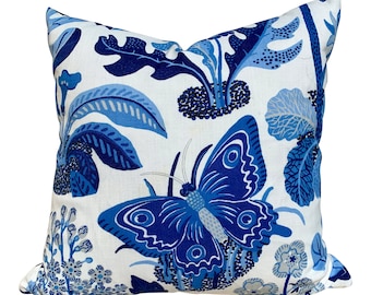 Schumacher Outdoor Exotic Butterfly Pillow in Marine Blue. Decorative Pillow Cover, Designer Cushion Cover, Accent Outdoor Floral Pillows