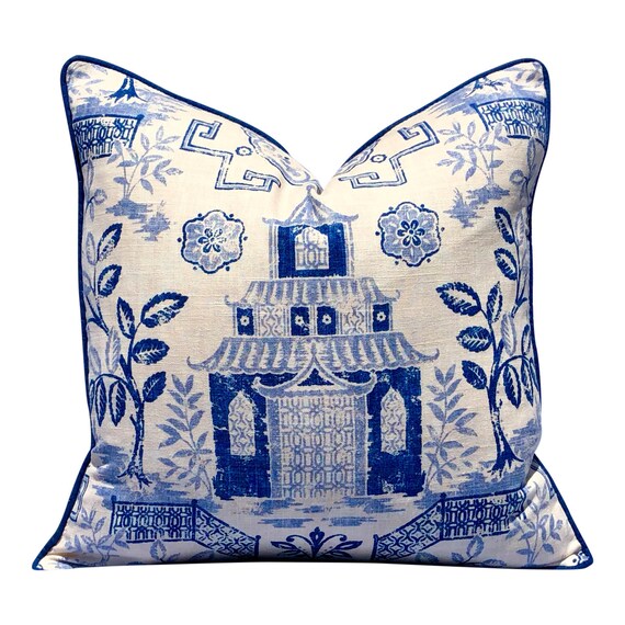 Chinoiserie Toile Linen Pillow Cover Light Blue Toile Designer Pillow Cover
