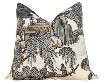 Thibaut "Asian Scenic" Pillow In Gray. Chinoiserie Lumbar Decorative Pillow in Gray, Designer Pillows, High End Pillows