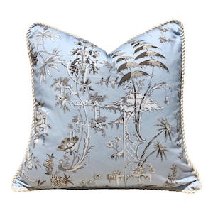 Scalamandre Nanjing Sky Blue Pillow Cover, Luxury Chinoiserie Decorative Pillow, Designer Beige  Blue Throw Cushion, High-End Accent Pillow