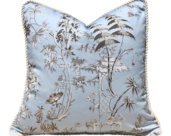 Scalamandre Nanjing Sky Blue Pillow Cover, Luxury Chinoiserie Decorative Pillow, Designer Beige  Blue Throw Cushion, High-End Accent Pillow