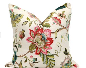Floral Linen Pillow Cover in Jewel. Accent Jacobean Flower Pillow in Green, Designer Pillows, Linen Decorative Pillow Covers, Floral Decor