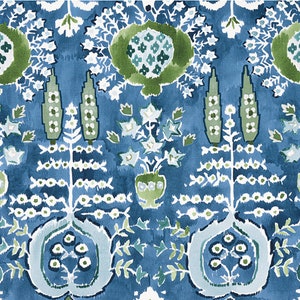 May include: A blue and green floral pattern with a repeating design of stylized trees and flowers. The pattern is reminiscent of traditional Persian or Indian textiles.