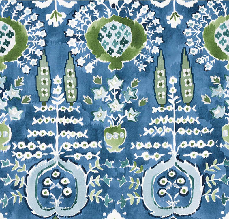 May include: A blue and green floral pattern with a repeating design of stylized trees and flowers. The pattern is reminiscent of traditional Persian or Indian textiles.
