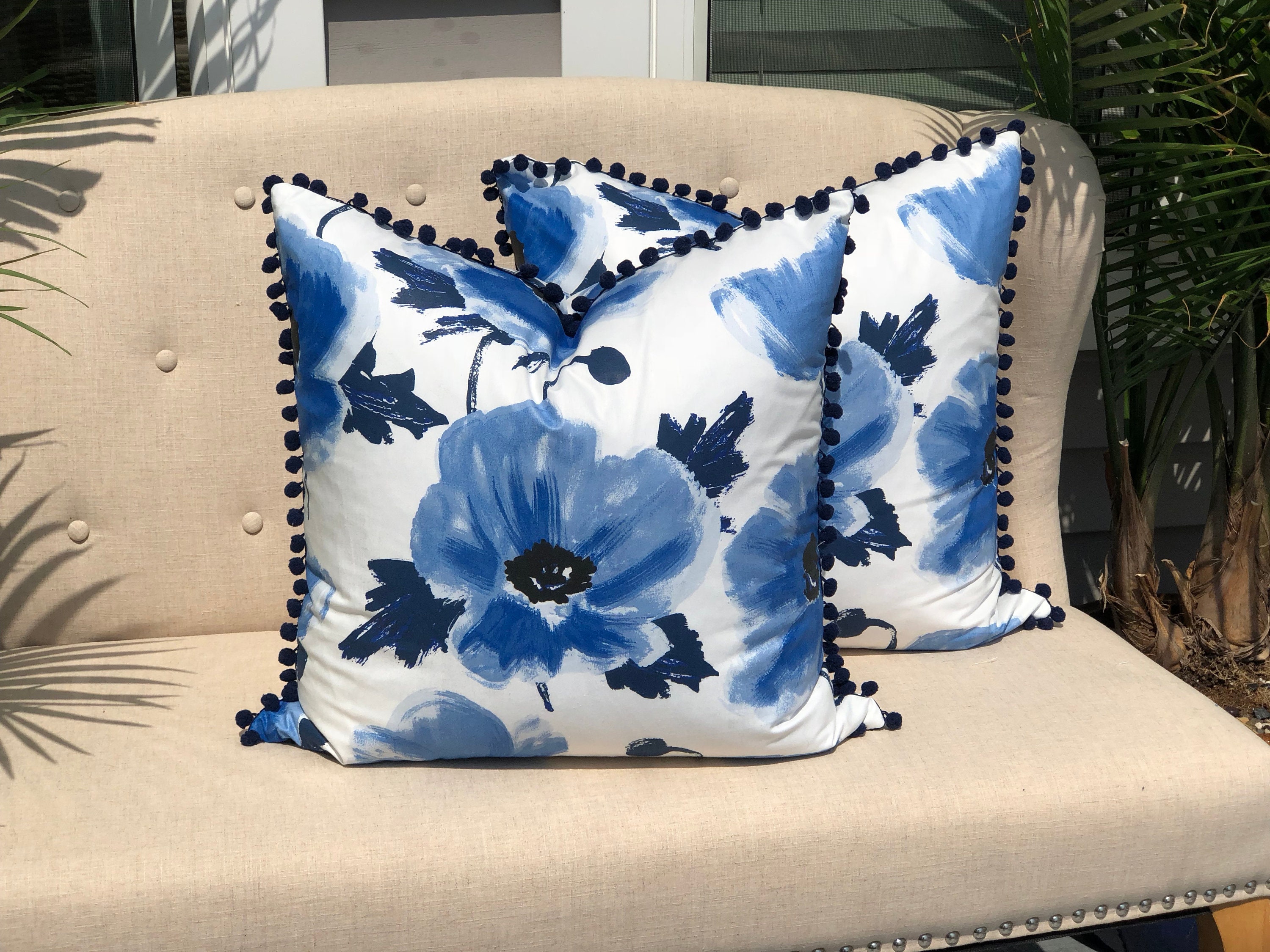Floral Pillow Cover in Blue Navy Pom Pom Trim.Designer Etsy
