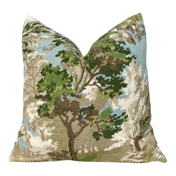 Thibaut Lincoln Pillow - Green, Beige, Spa. Designer Botanical Pillow Covers, Accent Aqua Blue Green Pillows, Euro Sham Case 26"X26"