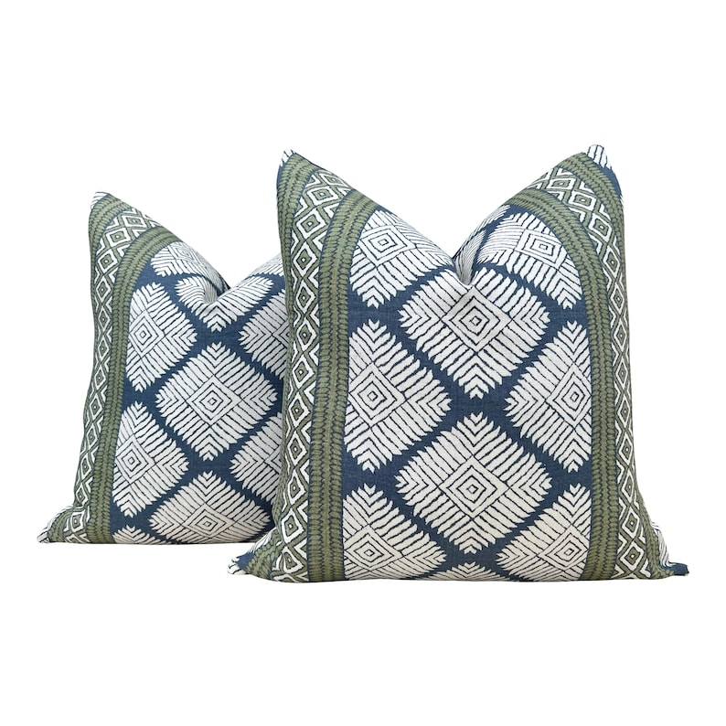 Striped Pillow in Navy Blue and Green. Designer Decorative image 1