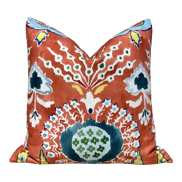 Thibaut Mendoza Suzani Pillow in Coral. Decorative High End Pillow Covers, Euro Sham Cover, Accent Lumbar Pillows, Medallion Pillow