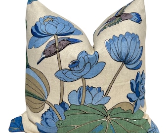 GP & J Baker Nympheus Linen Pillow in Teal. Decorative Lumbar Floral Pillow, High End Designer Linen Pillows, Euro Sham Pillow Cover