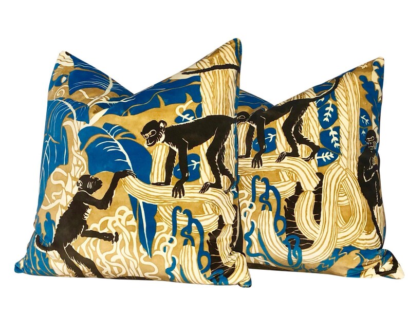 Cupucin Velvet Pillow in Blue Black Beige. Monkeys Velvet Etsy