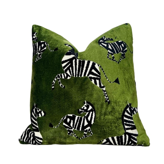 Zebra Velvet Pillow in Green, Luxe Designer Animal Print Cushion, Bold Safari-Inspired Home Decor, Modern Green Velvet Pillow Cover