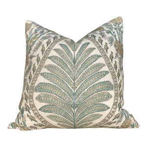 Thibaut Palampore Pillow in Spa and Tan. Lumbar Decorative Bird Pillow Beige, Spa Green, Designer Accent Pillows, High End Cushion Covers